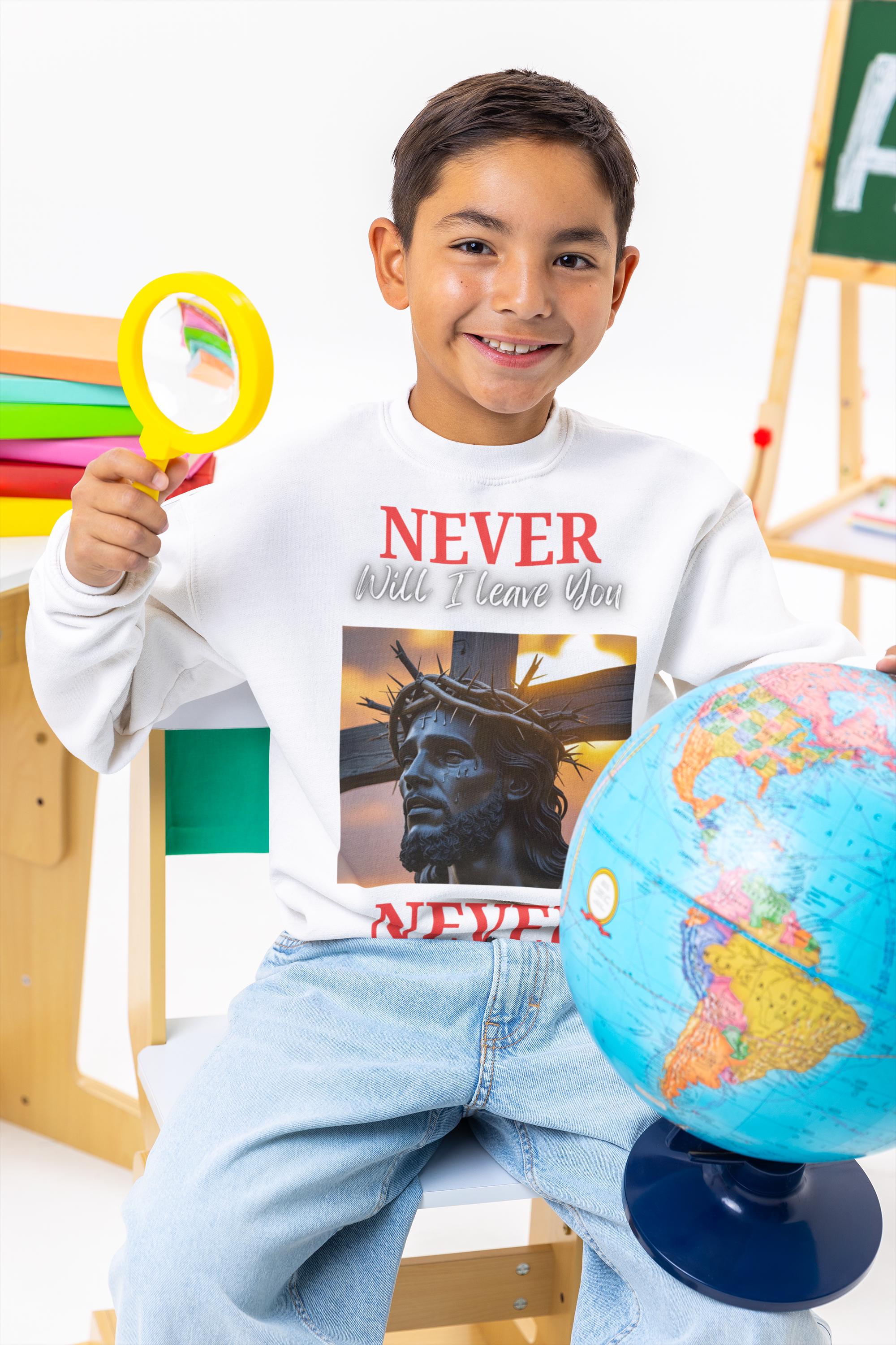 Never Will I Leave Forsake You, Youth Sweatshirt, Boys/Girls Graphic Sweatshirt, School Sweatshirt, Christian Sweatshirt, Faith Apparel