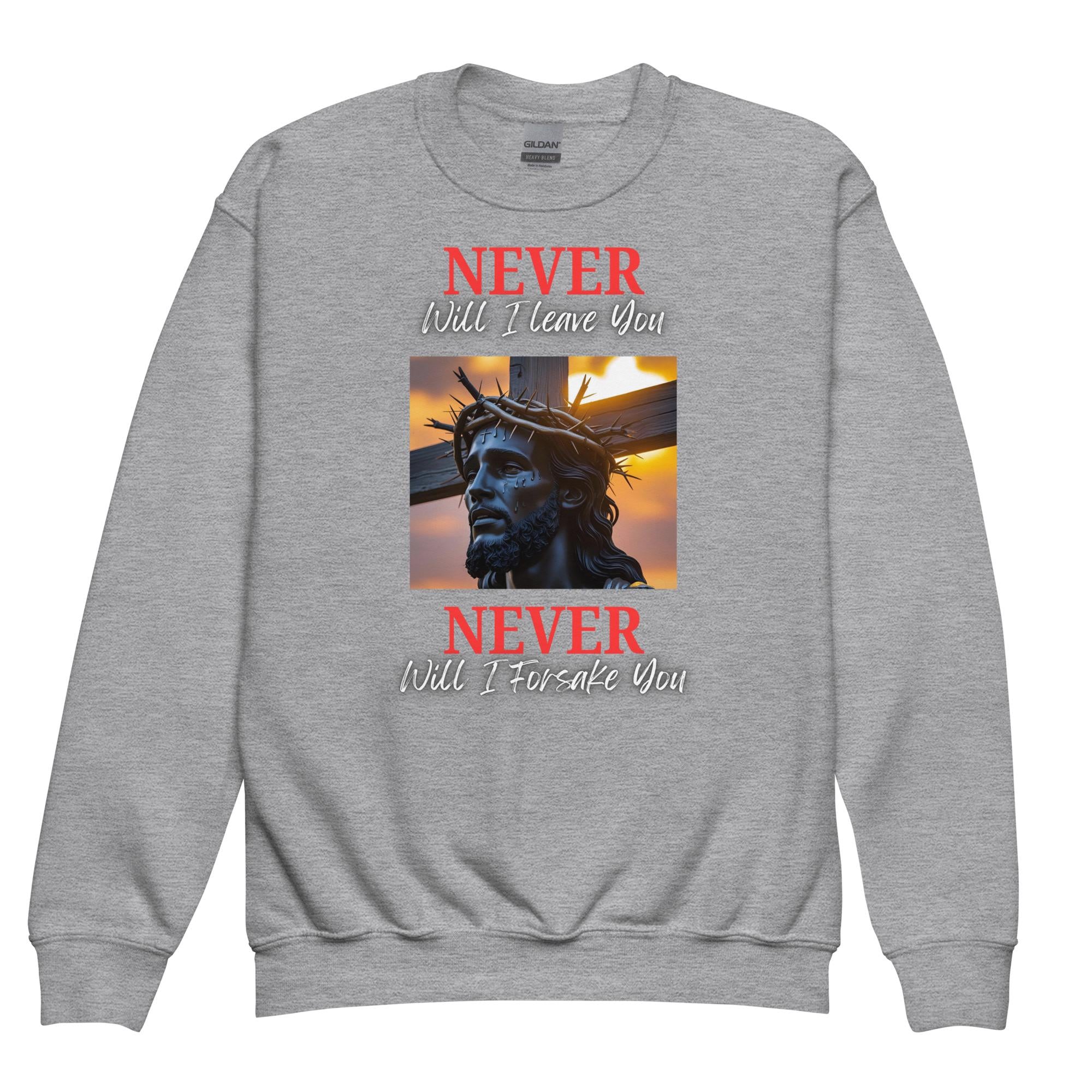 Never Will I Leave Forsake You, Youth Sweatshirt, Boys/Girls Graphic Sweatshirt, School Sweatshirt, Christian Sweatshirt, Faith Apparel