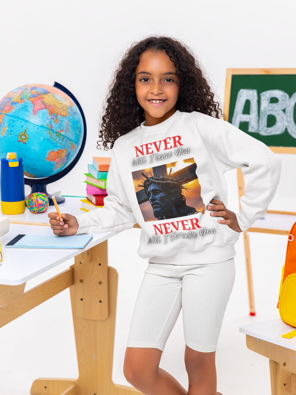 Never Will I Leave Forsake You, Youth Sweatshirt, Boys/Girls Graphic Sweatshirt, School Sweatshirt, Christian Sweatshirt, Faith Apparel