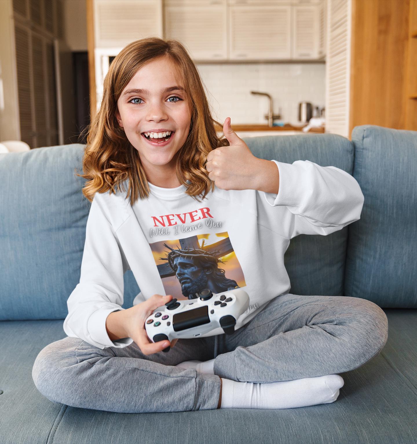 Never Will I Leave Forsake You, Youth Sweatshirt, Boys/Girls Graphic Sweatshirt, School Sweatshirt, Christian Sweatshirt, Faith Apparel