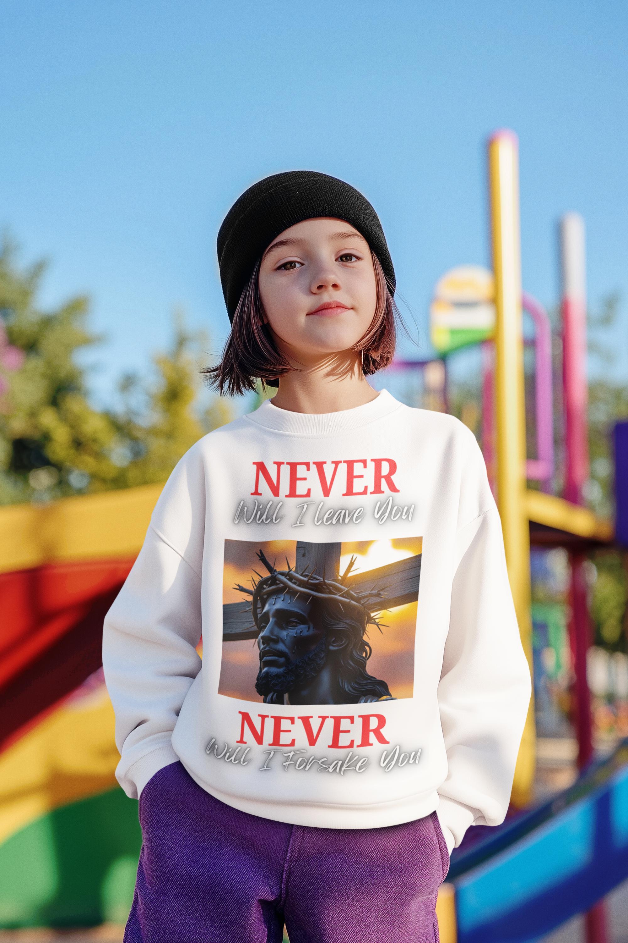 Never Will I Leave Forsake You, Youth Sweatshirt, Boys/Girls Graphic Sweatshirt, School Sweatshirt, Christian Sweatshirt, Faith Apparel