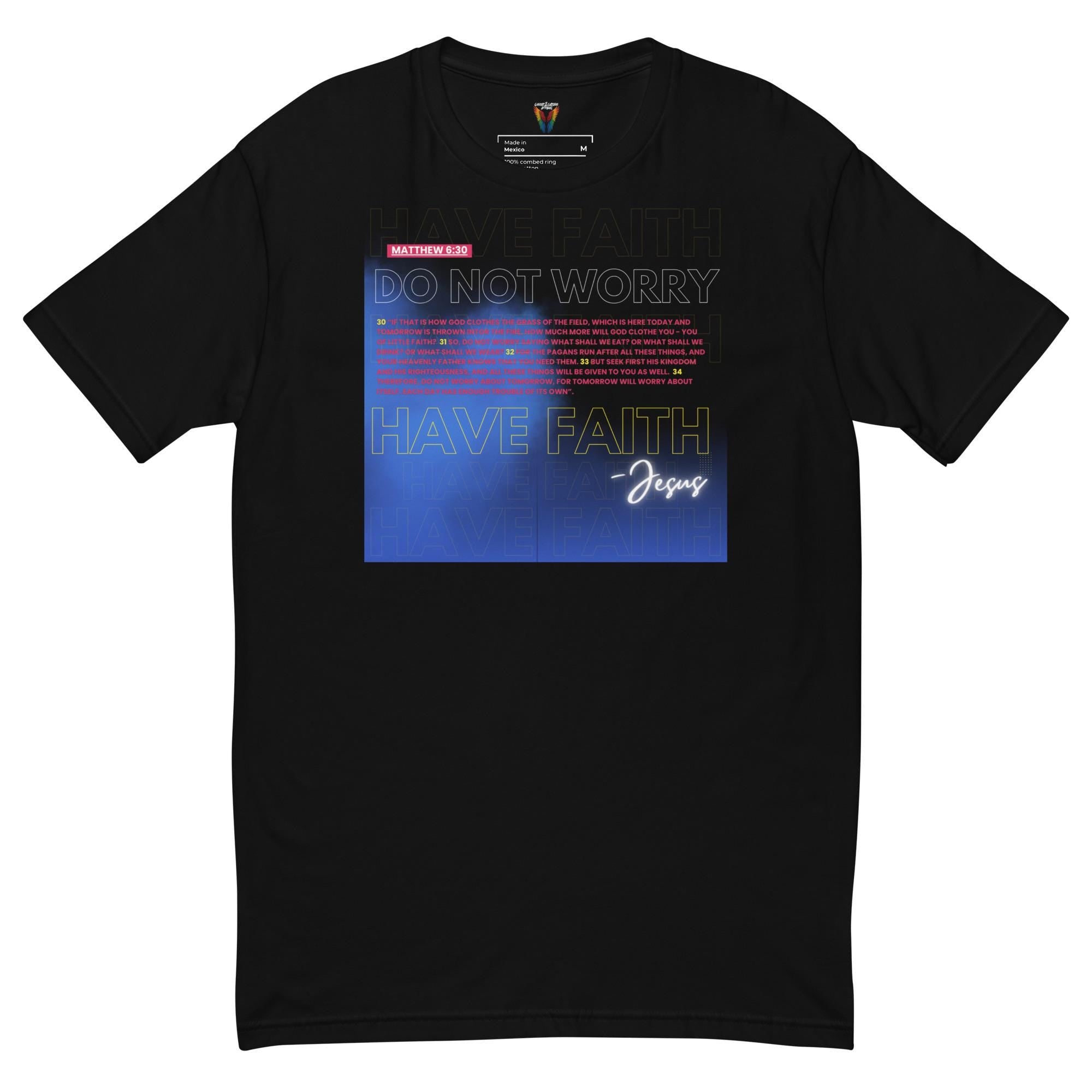 Black t-shirt with motivational graphic and text on a white background