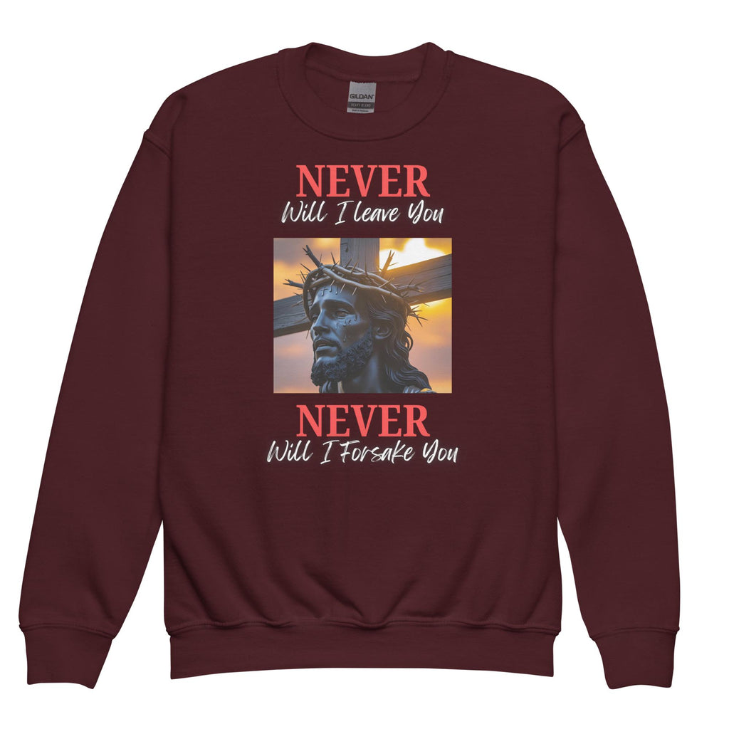 Never Will I Leave Forsake You, Youth Sweatshirt, Boys/Girls Graphic Sweatshirt, School Sweatshirt, Christian Sweatshirt, Faith Apparel